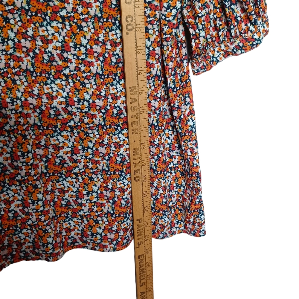 ICHI Orange Red White Colorful Floral Print Short Sleeve V Neck Top Small - Picture 7 of 8